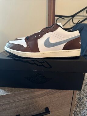 Nike Air Jordan 1 Low - White/Brown with Light Blue Swoosh